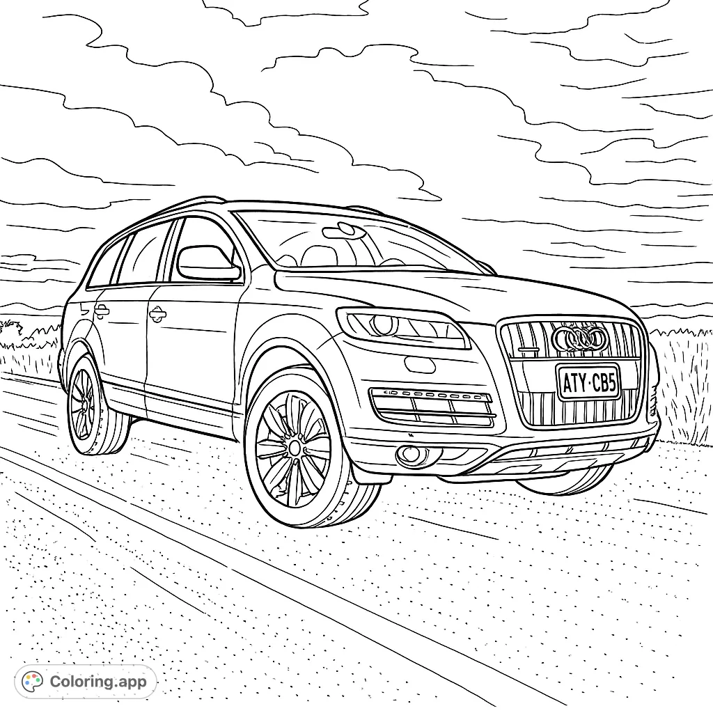 Color a detailed luxury SUV on a rugged dirt road under a dramatic sky. Perfect for car enthusiasts and those who enjoy realistic vehicle designs.