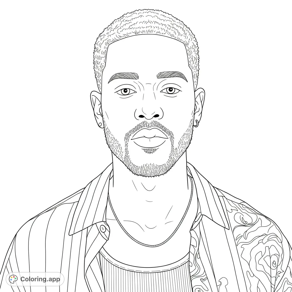 A detailed portrait of a man with a serious expression, textured hair, beard, and patterned shirt. Perfect for intricate coloring.