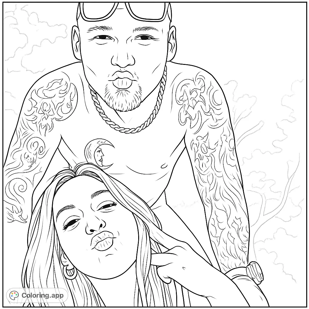 A charming portrait of a couple making kissing faces, featuring detailed tattoos and flowing hair. A free printable portrait coloring page for all ages.