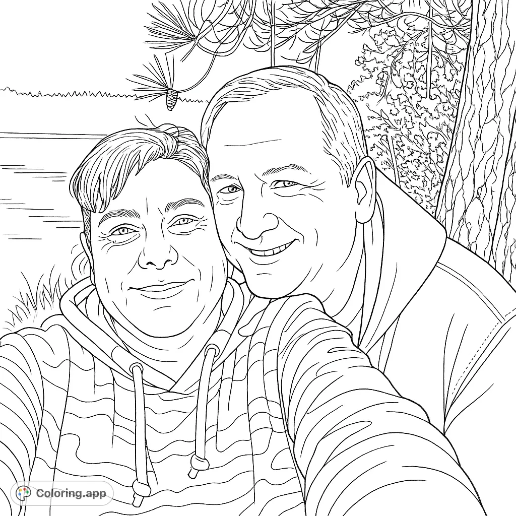 A heartwarming outdoor selfie of a smiling couple, perfect for a personalized coloring experience. Features a lake and pine trees in the background.