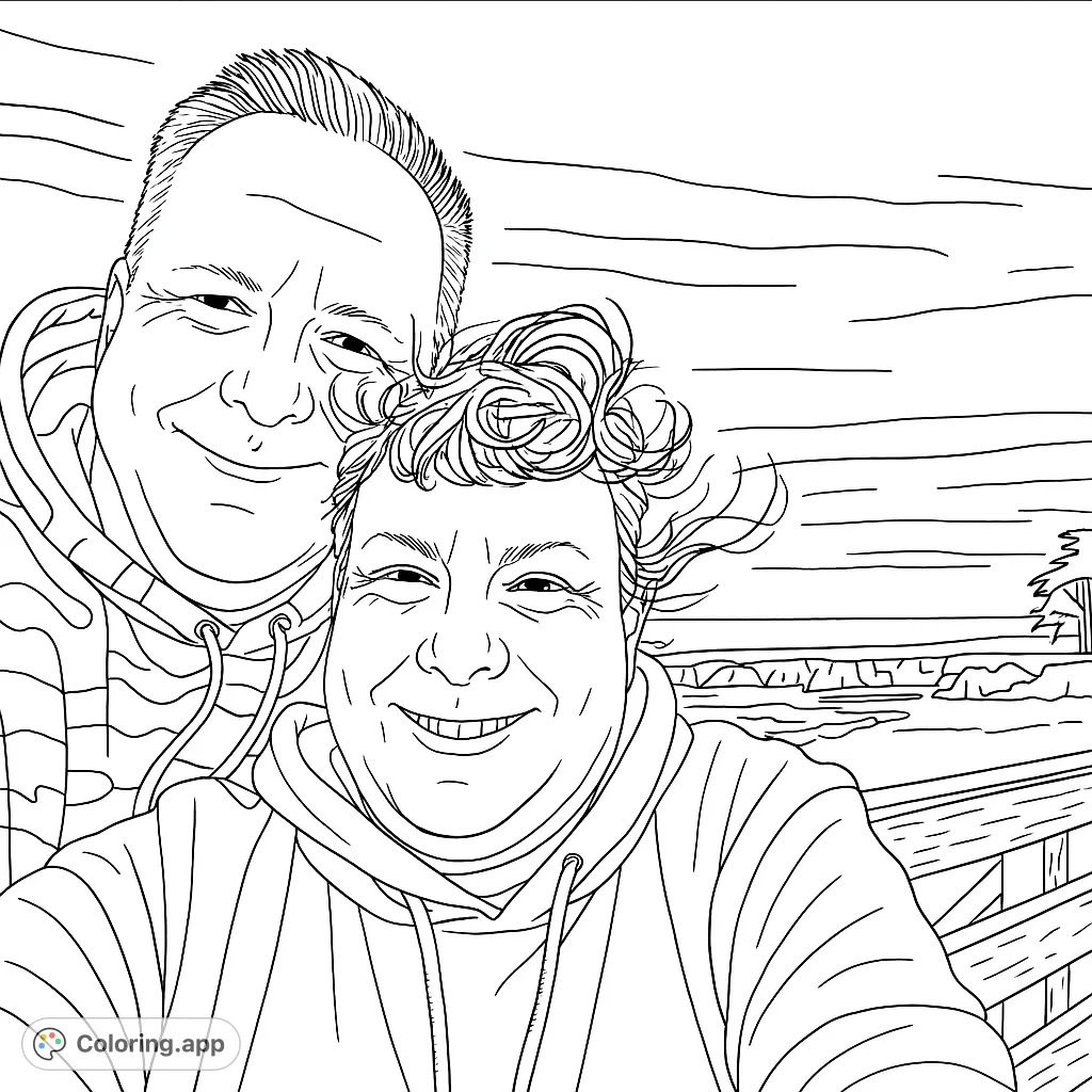 A joyful couple's outdoor selfie coloring page, featuring two smiling adults in hoodies against a scenic waterfront background with a pier and distant tree.