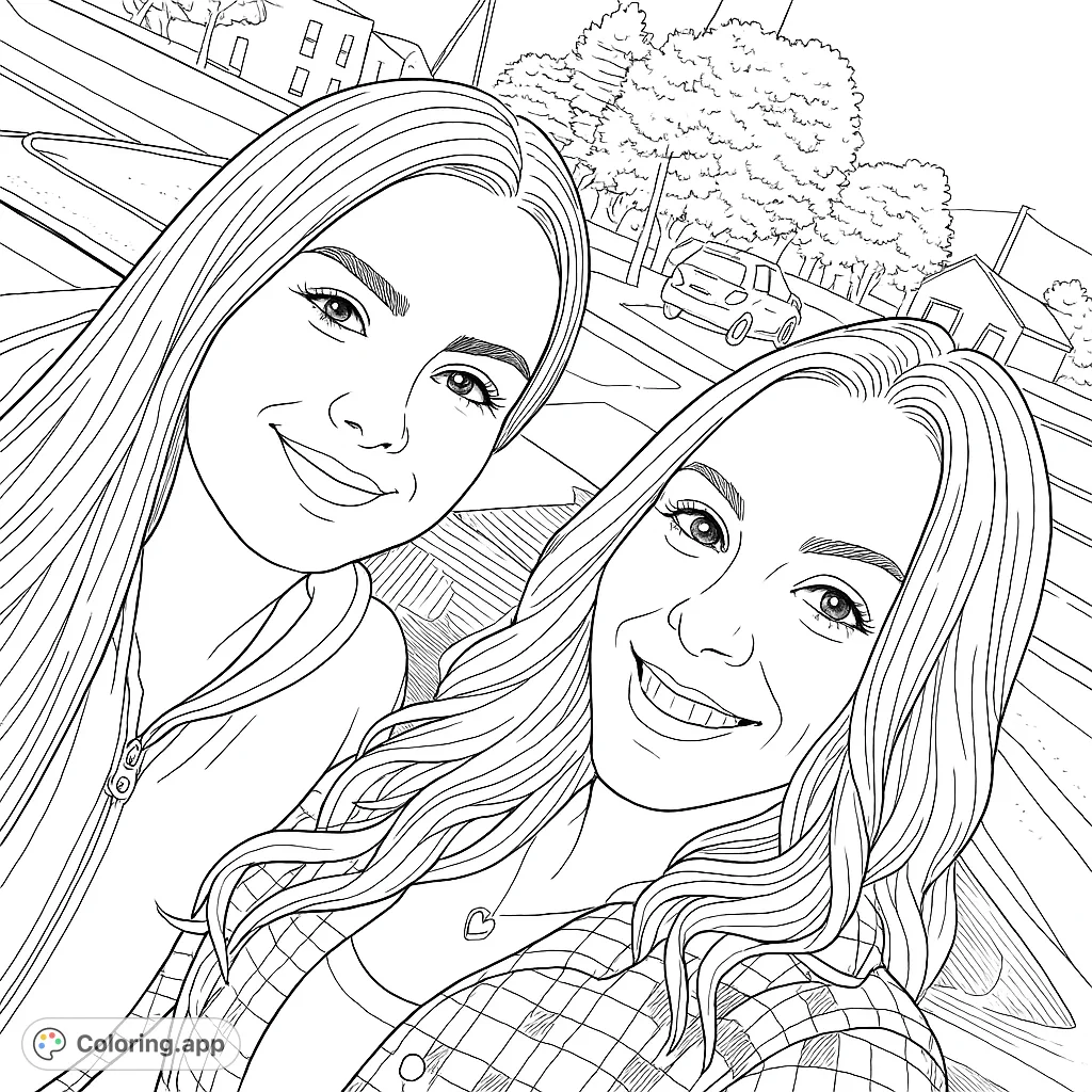 A delightful friendship coloring page featuring two smiling women taking a selfie, with a charming street scene background. Perfect for all ages.