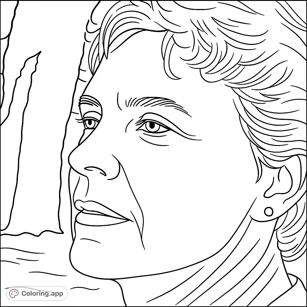 A serene woman's profile coloring page, featuring detailed facial expressions, curly hair, and a thoughtful gaze. Perfect for a free printable coloring page.