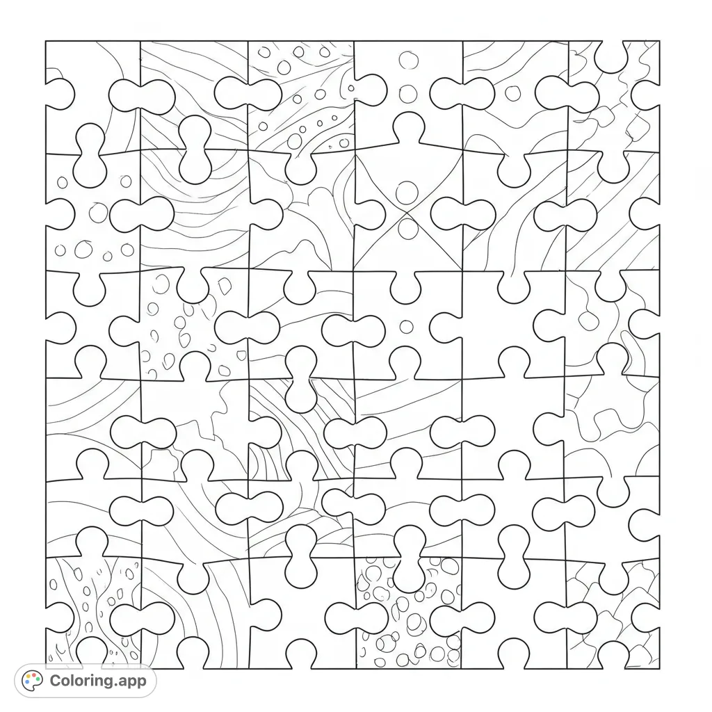 An intricate puzzle patterns coloring page featuring interlocking pieces with diverse abstract designs like waves, circles, and organic shapes.