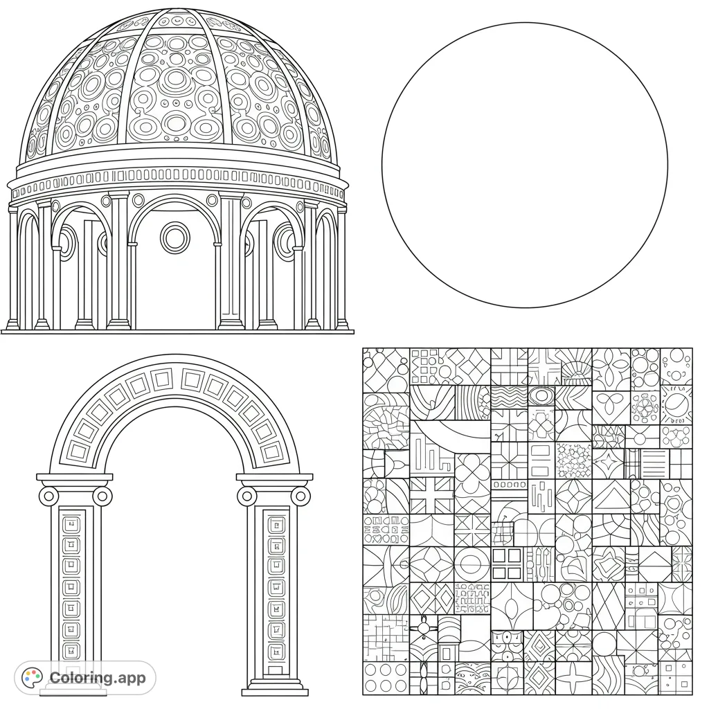 Explore a unique architectural elements coloring page featuring a grand dome, classical arch, and intricate geometric patterns. A free printable coloring page for all ages.
