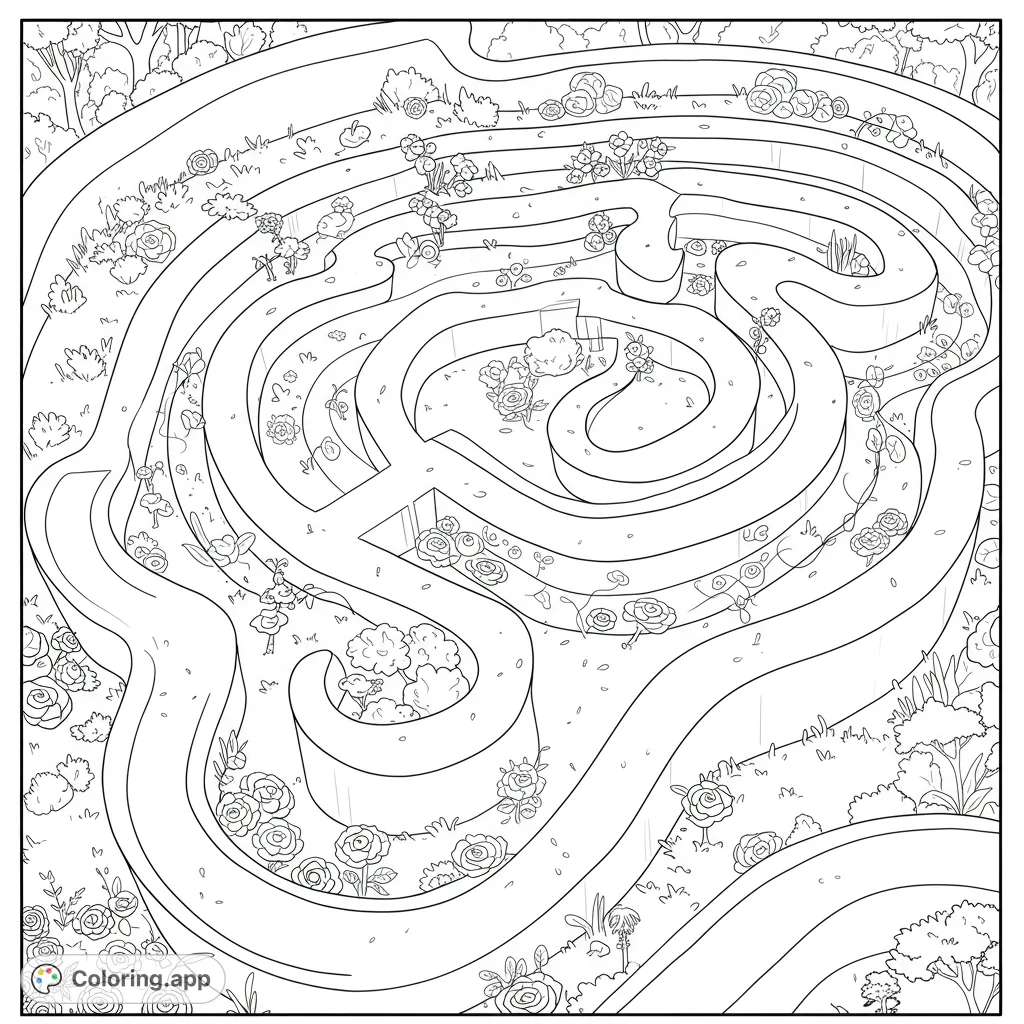 Explore a serene, winding maze coloring page. Navigate gentle paths and intricate patterns, perfect for a relaxing and engaging creative escape.