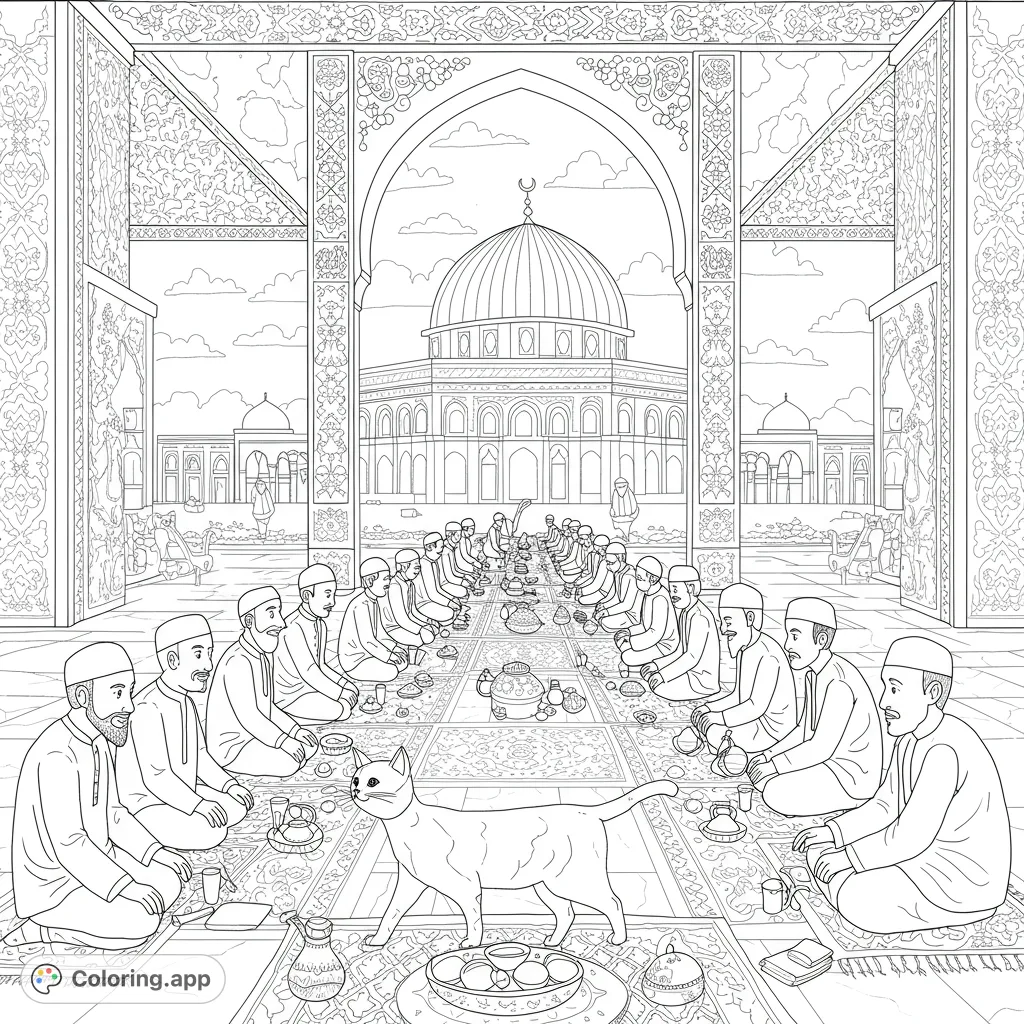 Detailed Islamic gathering scene with men feasting, a cat, and a grand mosque in the background. Rich cultural patterns await your colors.