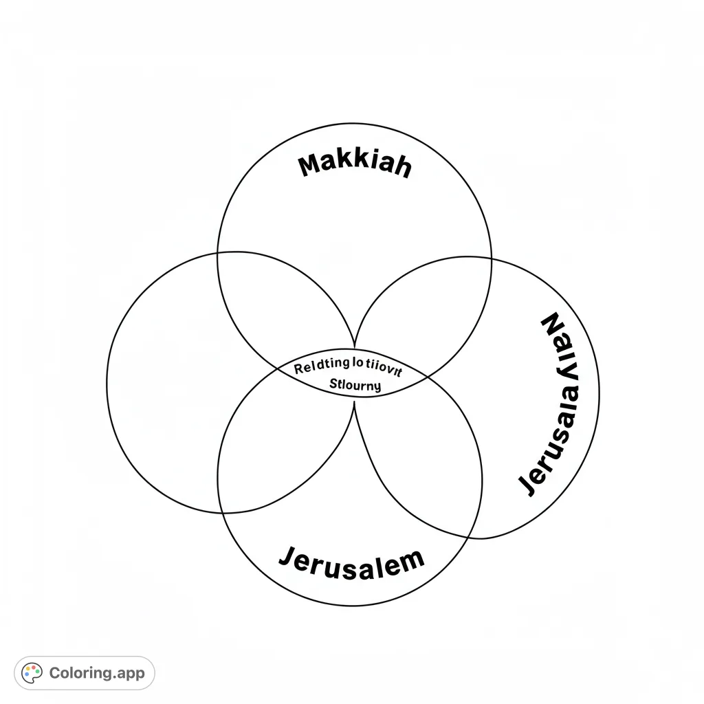 Explore the connections between three significant cities with this clear Venn diagram coloring page, perfect for learning and reflection.