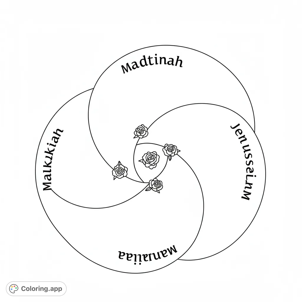 Explore the connections between three significant cities with this clear Venn diagram coloring page, perfect for learning and reflection.