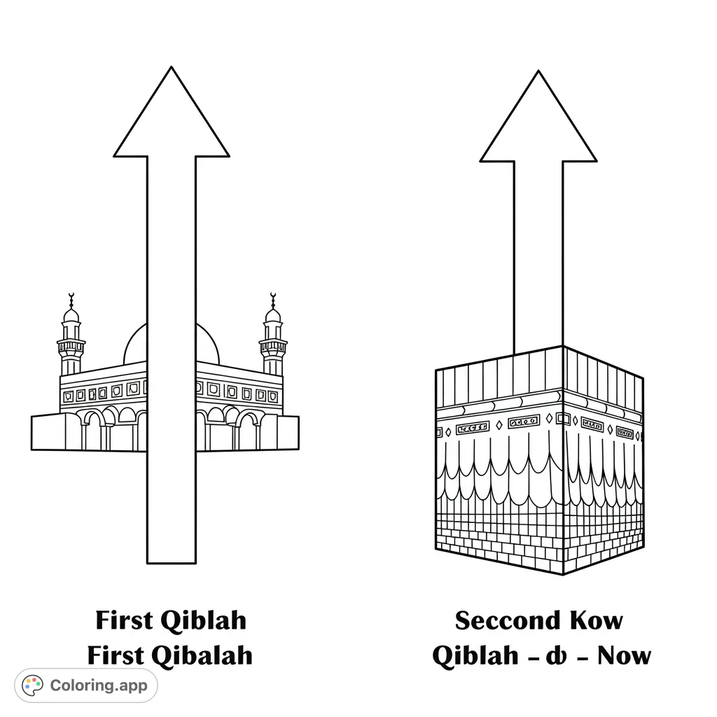Explore two iconic Islamic holy sites, Al-Aqsa Mosque and the Kaaba, with guiding arrows, in this spiritual architecture coloring page.