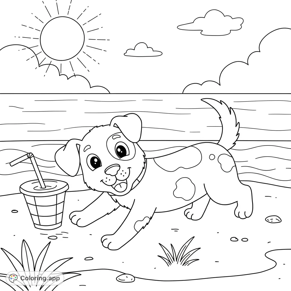 A delightful puppy beach coloring page featuring a happy spotted dog, a refreshing drink, and a sunny ocean backdrop. Perfect for summer fun!