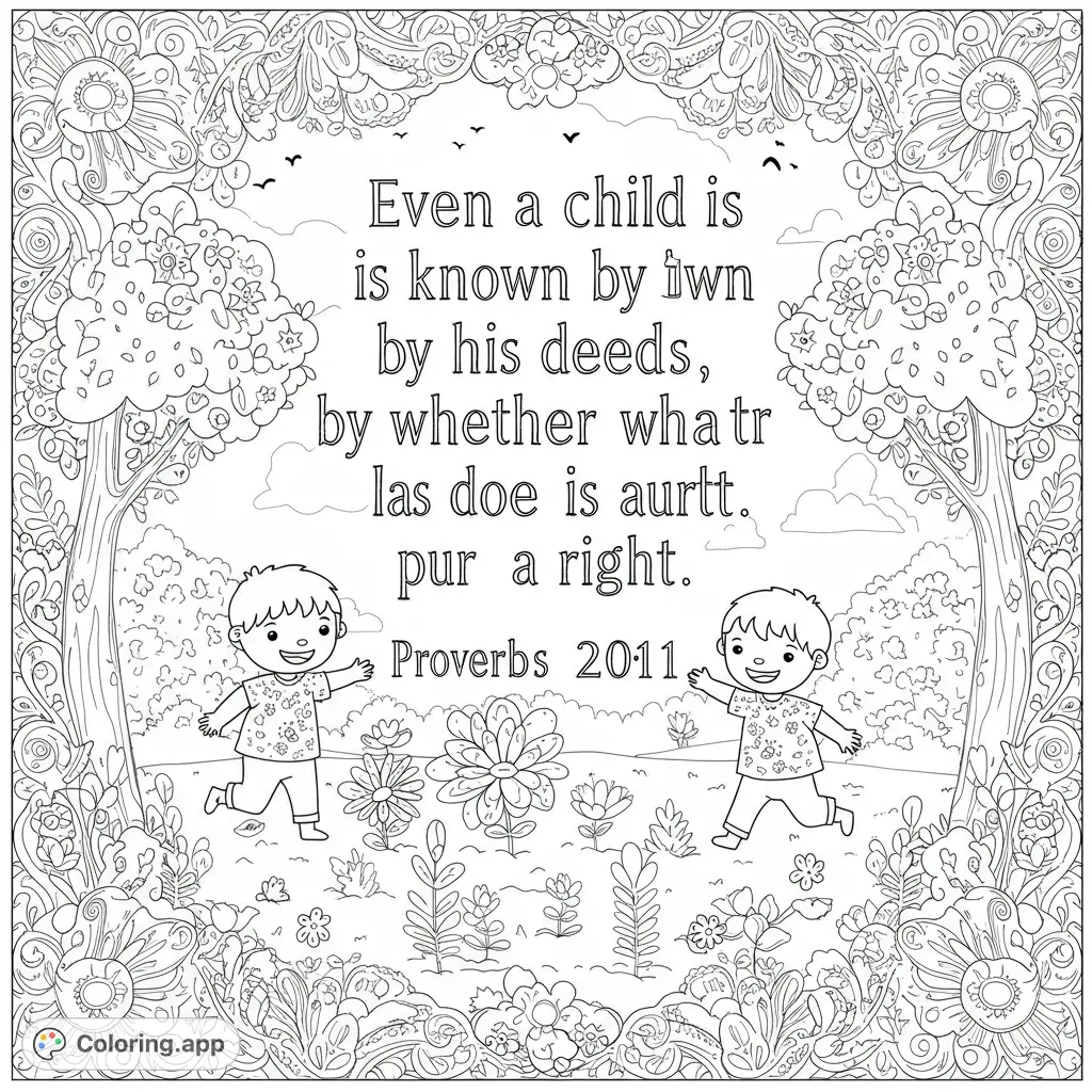 A delightful nature scene coloring page featuring two happy children playing amidst a field of flowers, framed by an intricate floral border.