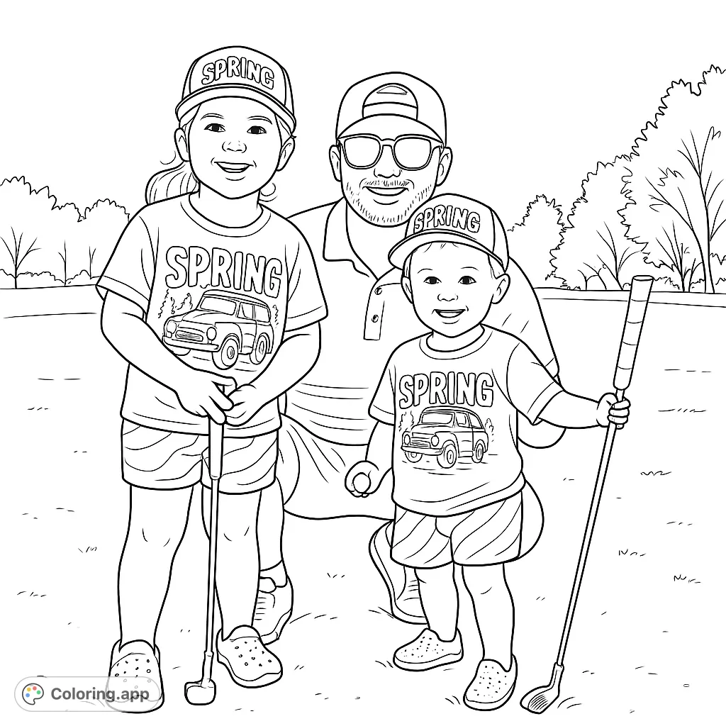A delightful family golf day coloring page featuring a father and two children on the green, ready for a fun spring outing. Perfect for all ages!