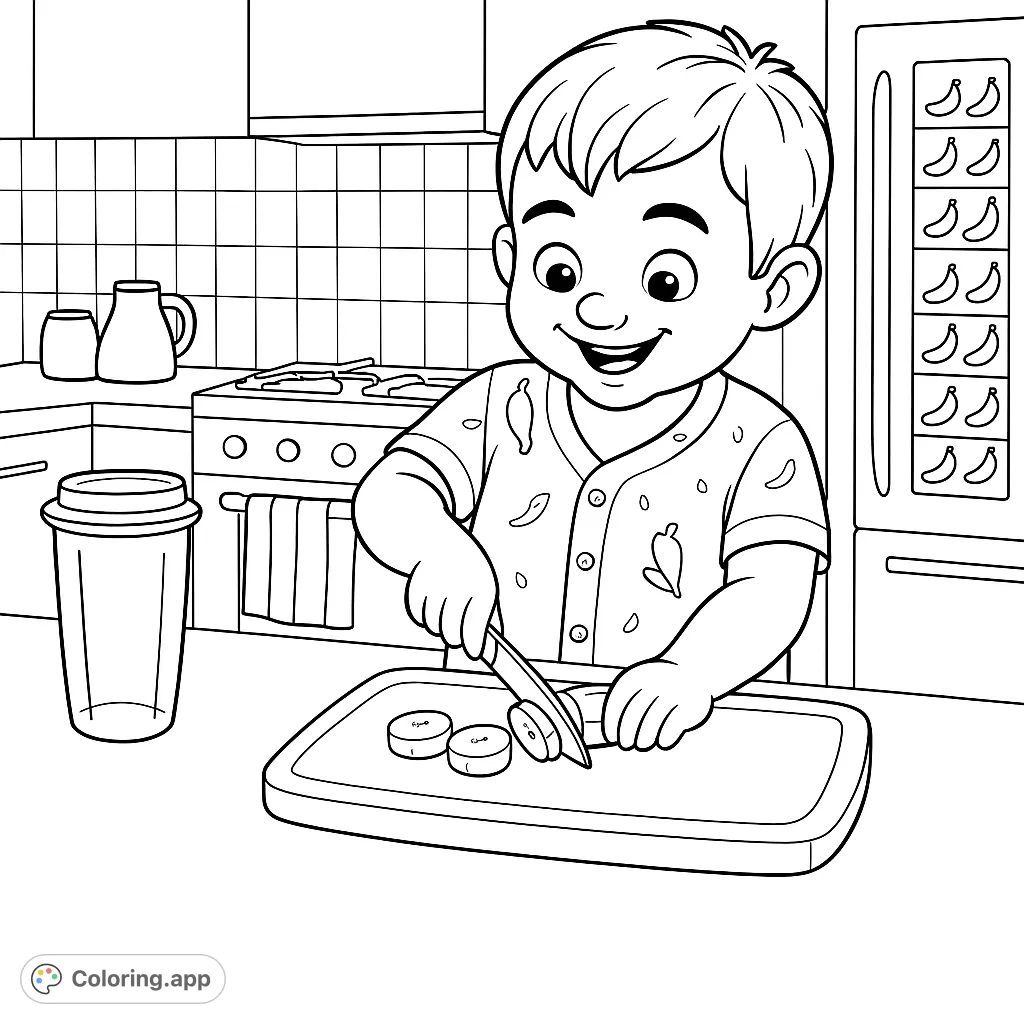A happy boy learns to cook, safely cutting vegetables in a detailed kitchen scene. Perfect for teaching kitchen safety and healthy eating habits.
