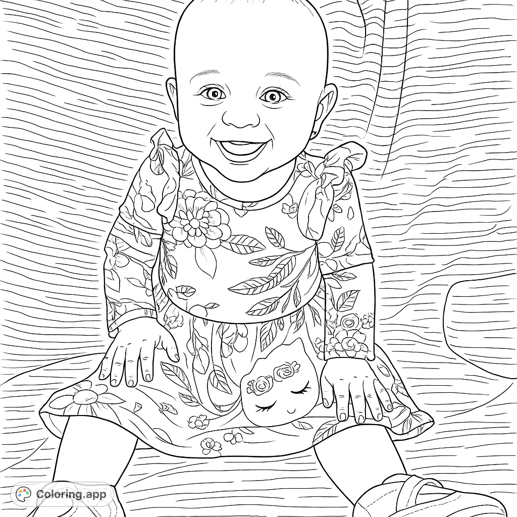 An adorable baby in a floral dress with a cute sleeping animal design, perfect for a joyful and heartwarming coloring experience.