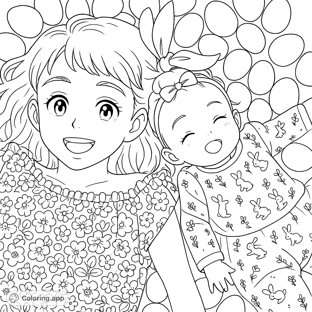 A heartwarming big sister and baby bonding, smiling happily with floral and bunny patterns. A delightful family coloring page.
