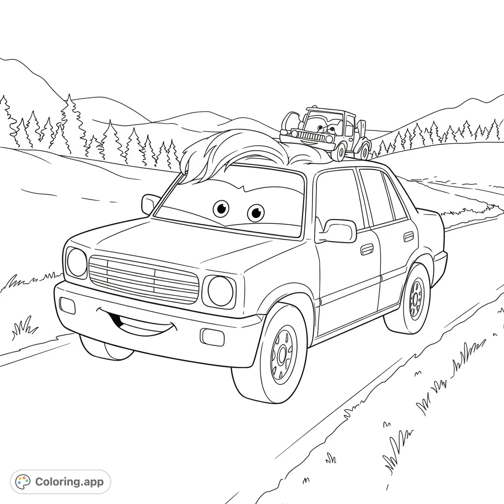 A friendly sedan with a unique hairstyle and a small jeep on top, driving on a winding road through scenic hills and pine trees. Perfect for car enthusiasts!
