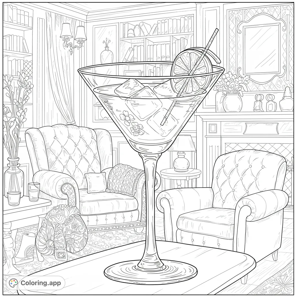 An elegant martini glass takes center stage in a cozy, detailed lounge with tufted armchairs, bookshelves, and a fireplace. Perfect for relaxation.