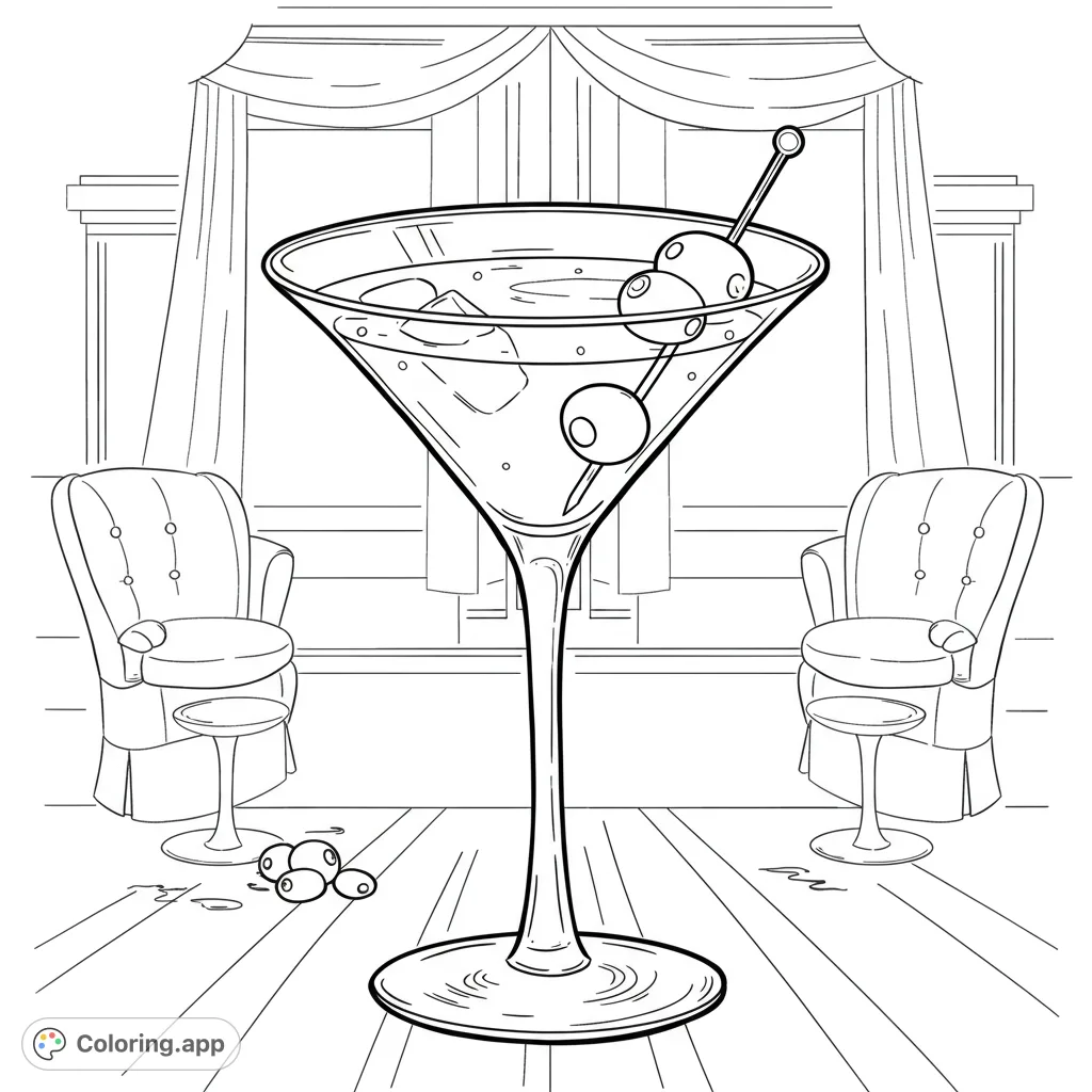 An elegant martini glass with olives and ice, set in a sophisticated lounge with plush armchairs and grand windows. Perfect for adult coloring.