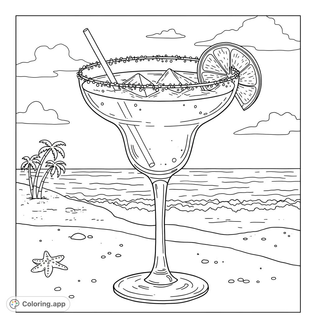 A refreshing margarita on a sunny beach with palm trees and ocean waves. Perfect for a relaxing tropical escape.