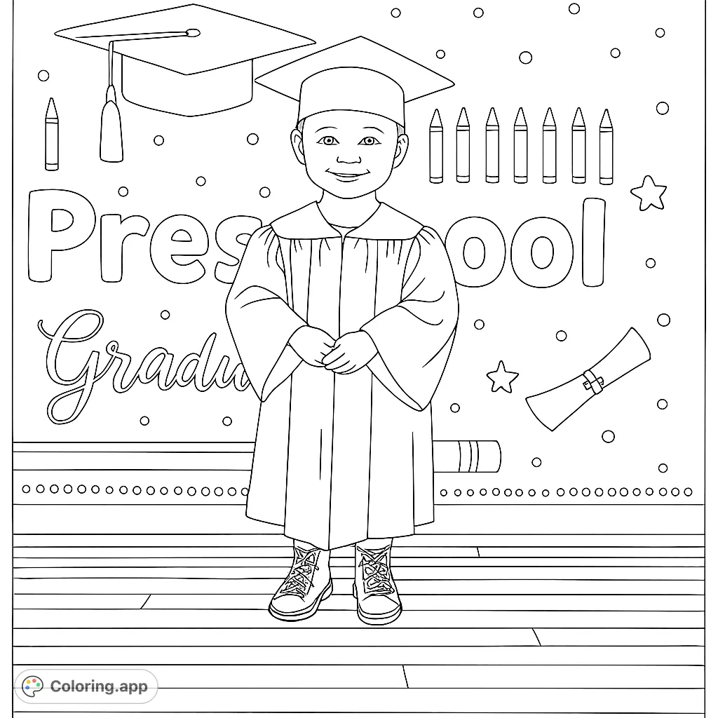 Celebrate a special milestone with this adorable preschool graduation coloring page featuring a happy child in cap and gown, ready for fun!