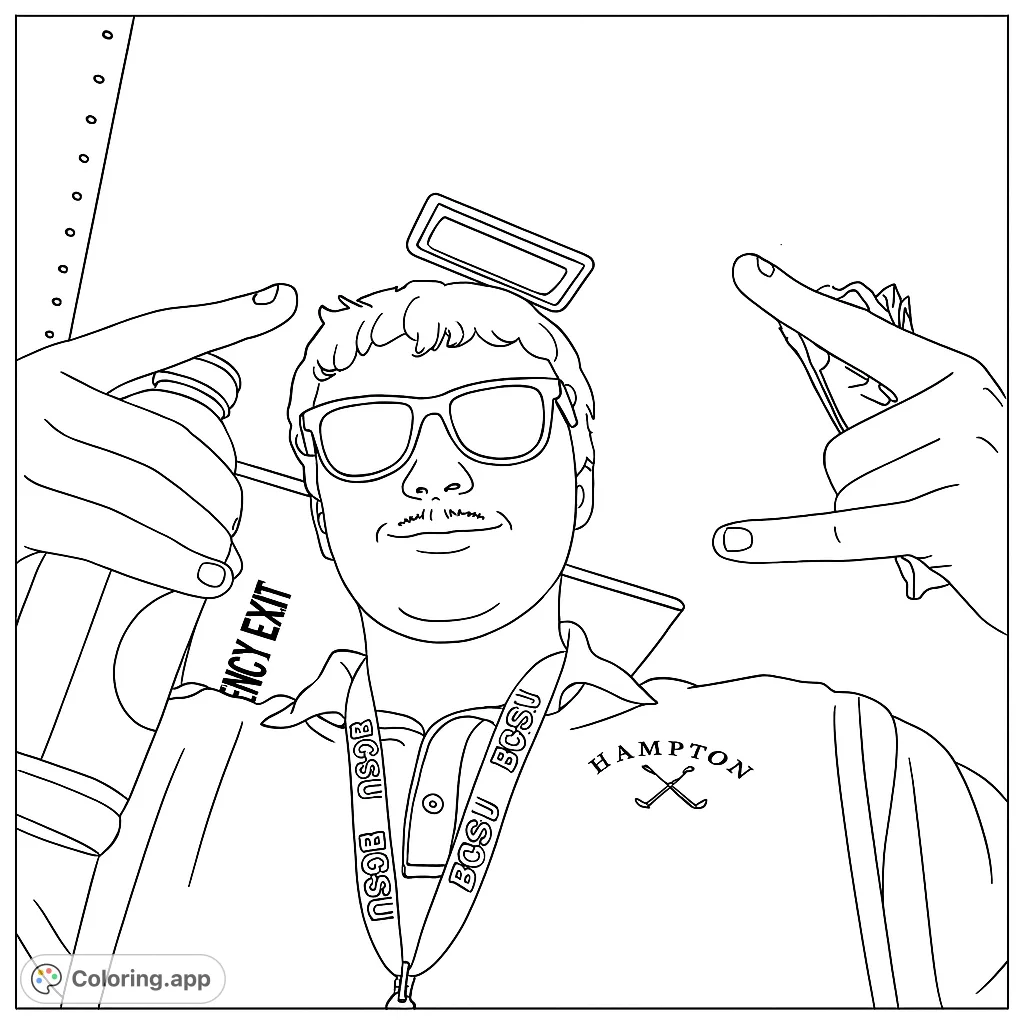 A fun, quirky selfie coloring page featuring a person in sunglasses, holding a bottle and pointing, set against an airplane interior. Perfect for creative expression!