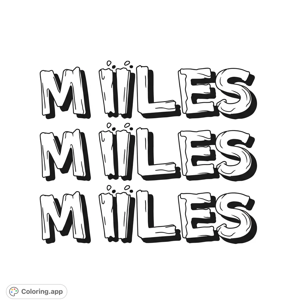 A bold, chunky 'MILES' word art coloring page repeated three times, perfect for personalizing with vibrant colors and creative flair.