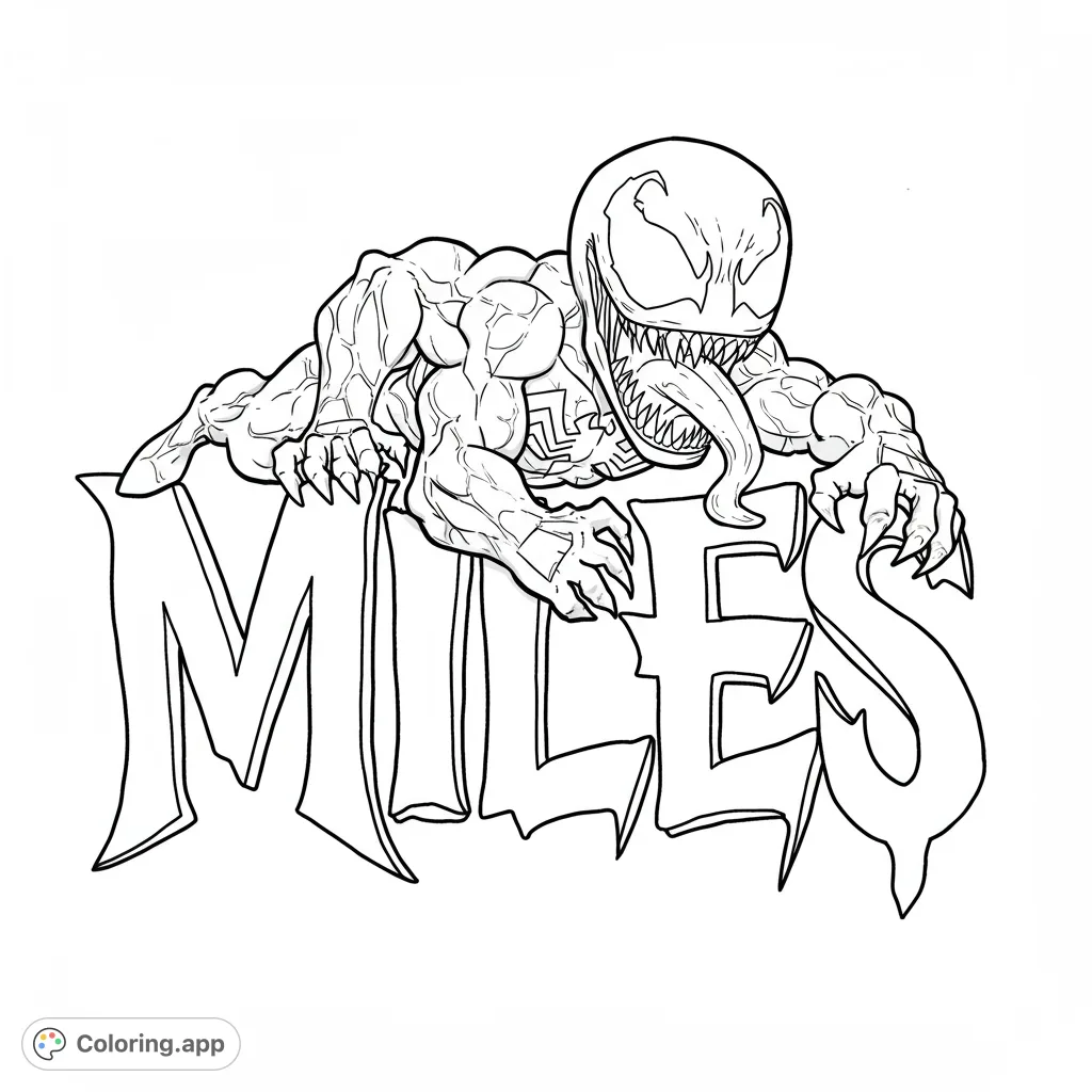 Dynamic Venom-like monster with sharp claws and fangs, crawling over bold 'MILES' letters. A thrilling superhero coloring page.