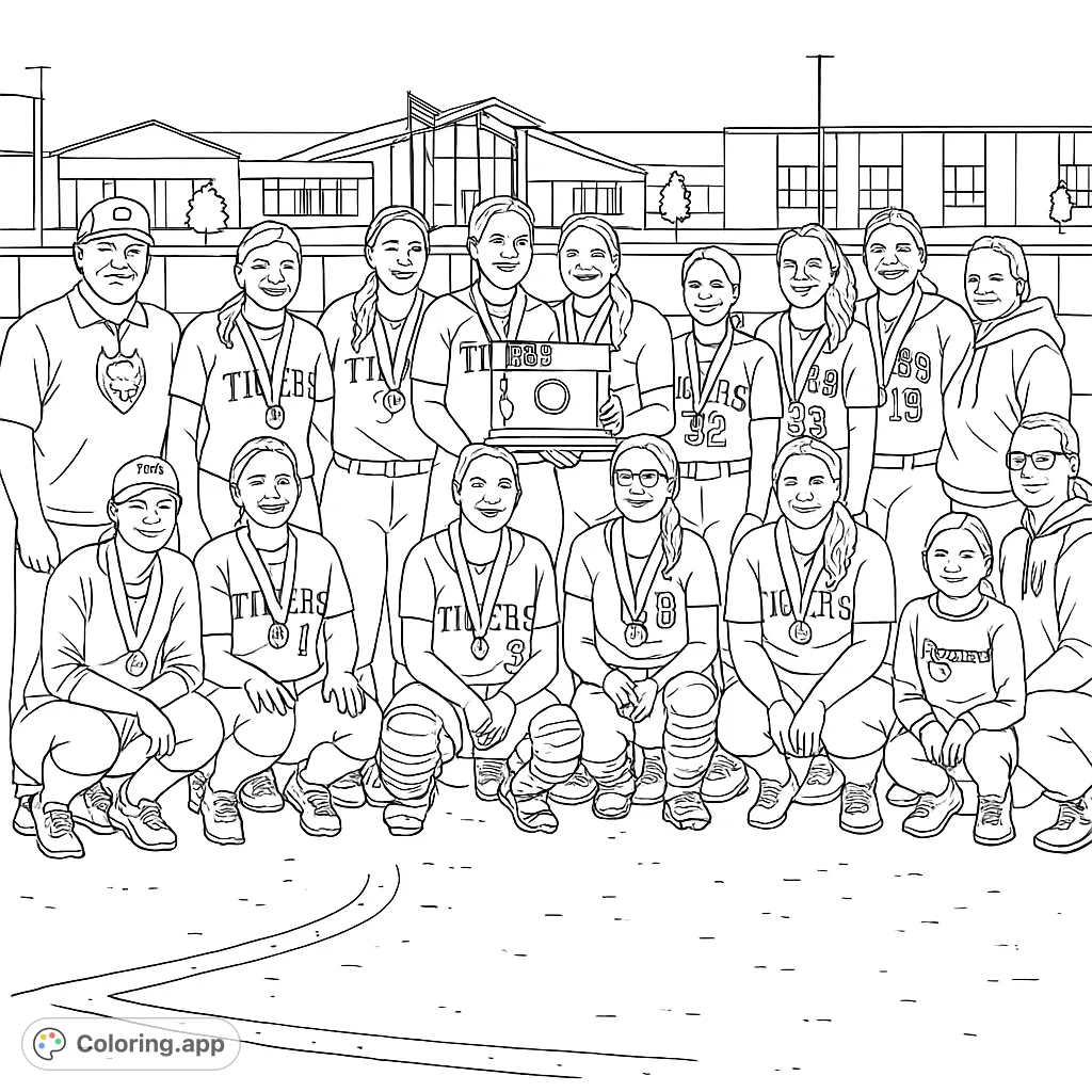 Celebrate victory with this free printable softball team coloring page! Features a triumphant team, coach, trophy, and medals against a modern building.
