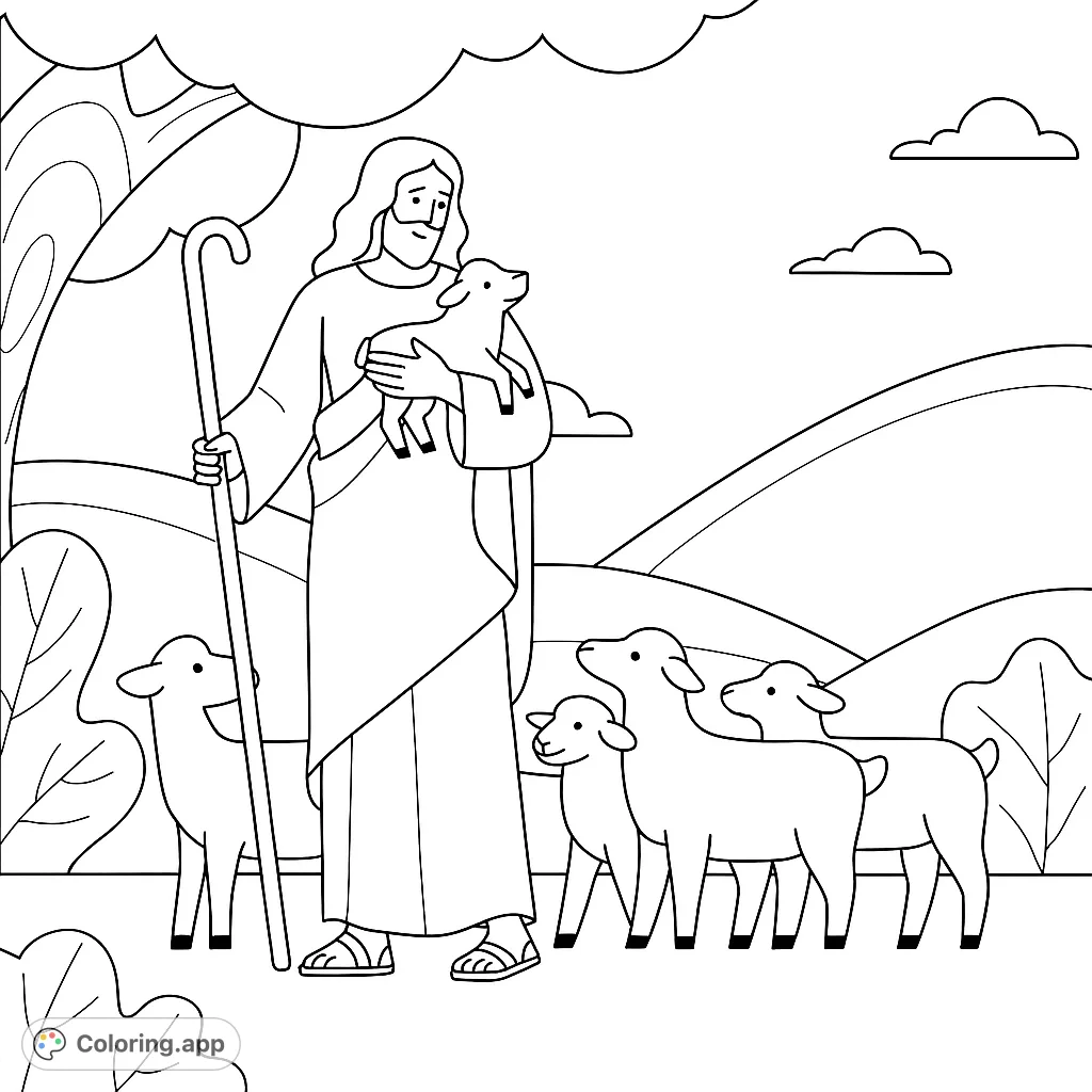 A serene Good Shepherd coloring page featuring Jesus holding a lamb, surrounded by his flock in a peaceful landscape. Perfect for spiritual reflection.