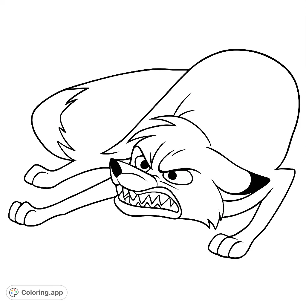 A furious fox coloring page with bared teeth and intense eyes, captured in an aggressive stance. Perfect for expressive coloring.