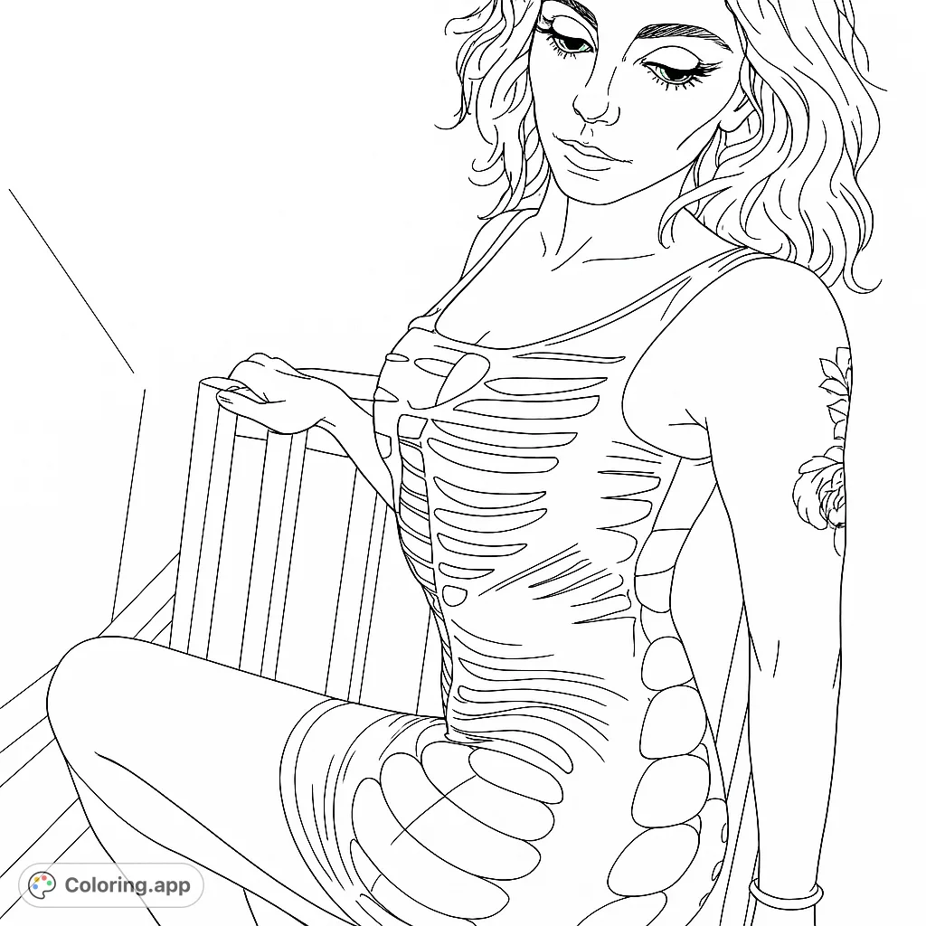 A stylish woman in a unique skeleton-print dress, perfect for a gothic fashion coloring page. Features intricate details and a captivating pose.