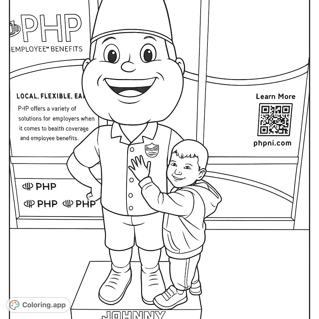 A cheerful cartoon mascot stands with a happy boy, creating a friendly and engaging scene perfect for a fun coloring experience.