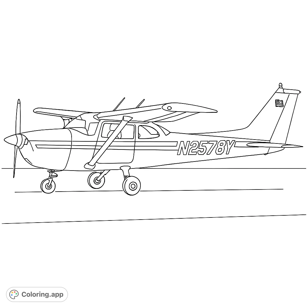Detailed single-engine propeller airplane on a runway, a free printable coloring page perfect for aviation enthusiasts of all ages.