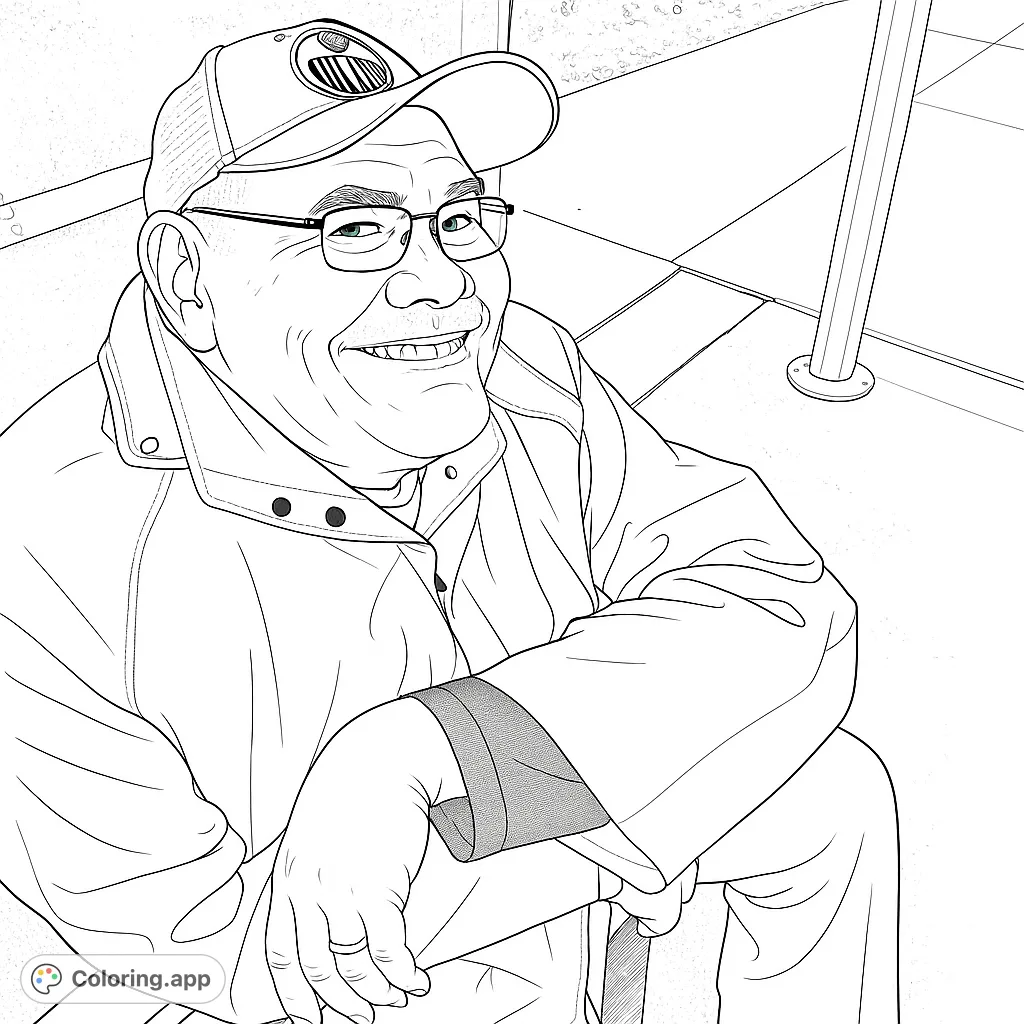 A heartwarming free printable portrait of a smiling man in a baseball cap and jacket, perfect for a relaxing coloring page experience. Ideal for all ages.