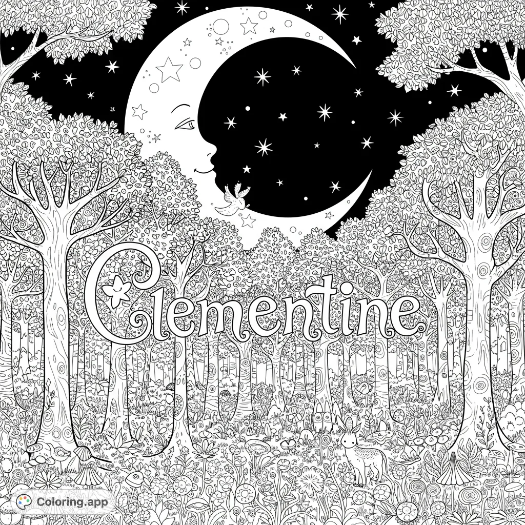 Explore a magical forest night with a crescent moon, twinkling stars, and intricate flora. A whimsical free printable coloring page for all ages.