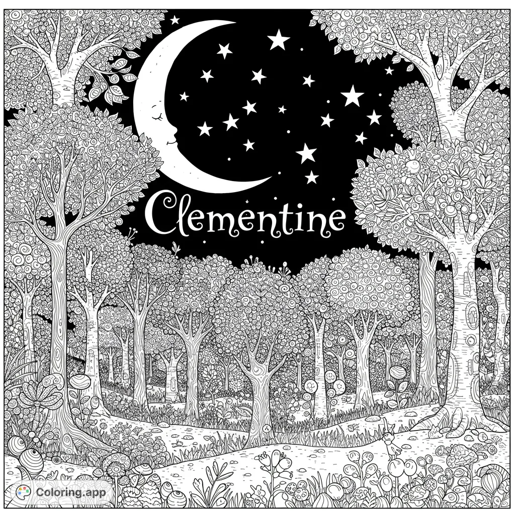 A magical moonlit forest scene with a sleeping crescent moon, twinkling stars, and intricate trees and plants, perfect for a whimsical coloring adventure.