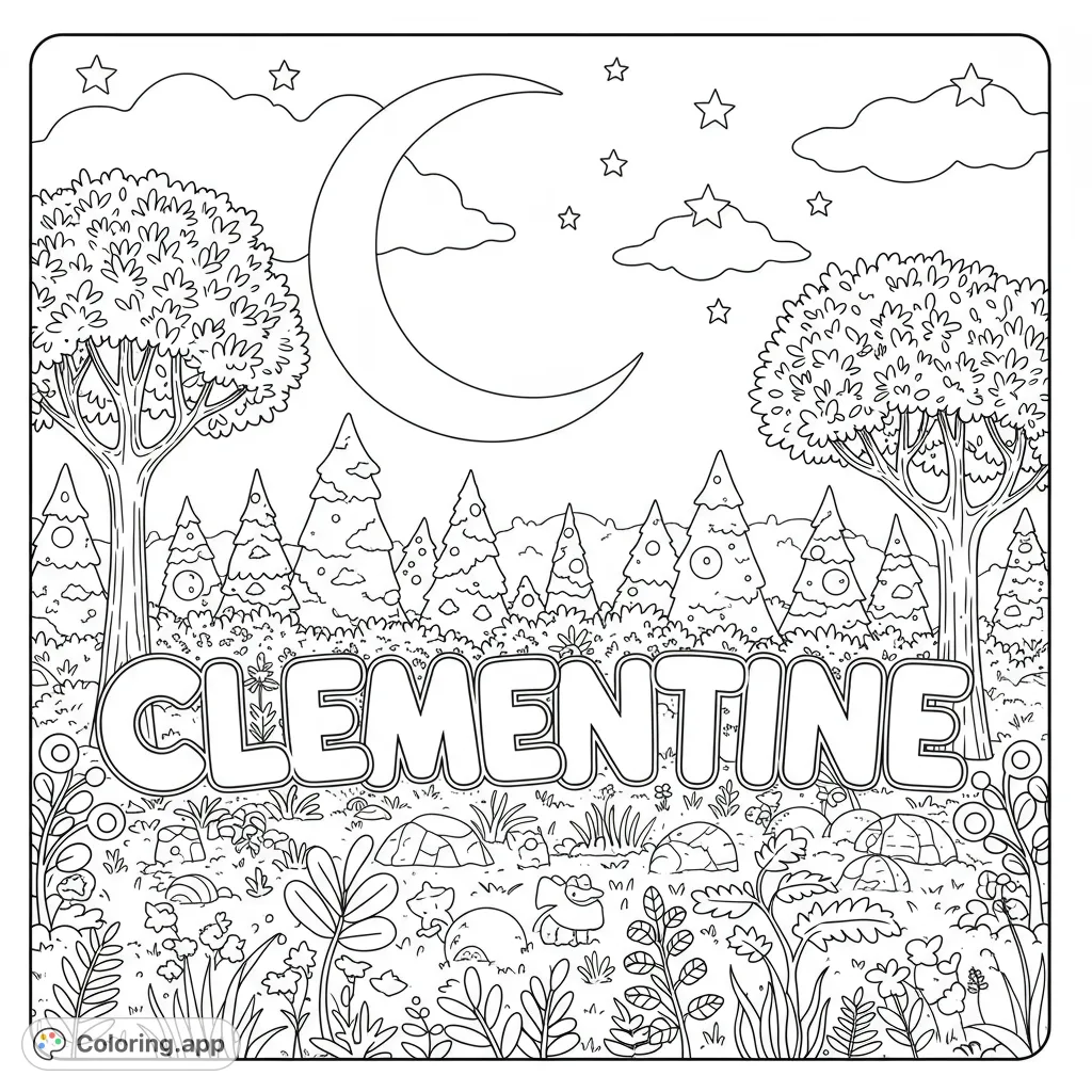 Whimsical night forest scene with a large moon, stars, and a prominent blank space for a personalized name, perfect for creative coloring.