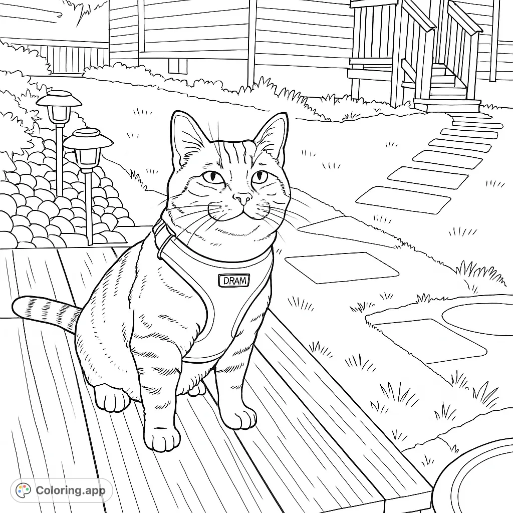 A charming cat in a harness sits on a wooden deck, ready for backyard adventures. This free printable cat coloring page is perfect for pet lovers!
