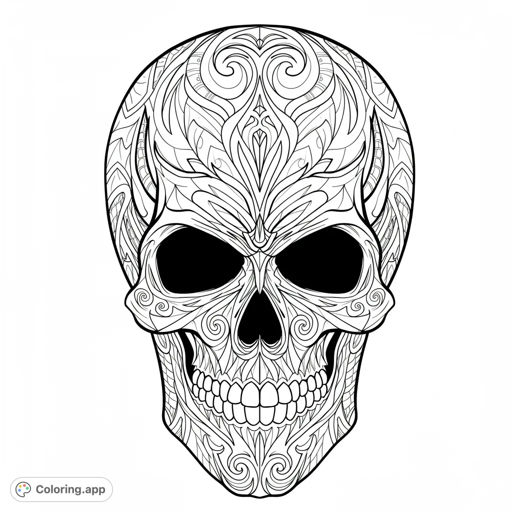 A detailed skull adorned with intricate floral and swirling patterns, perfect for mindful coloring. A free printable sugar skull coloring page for adults.