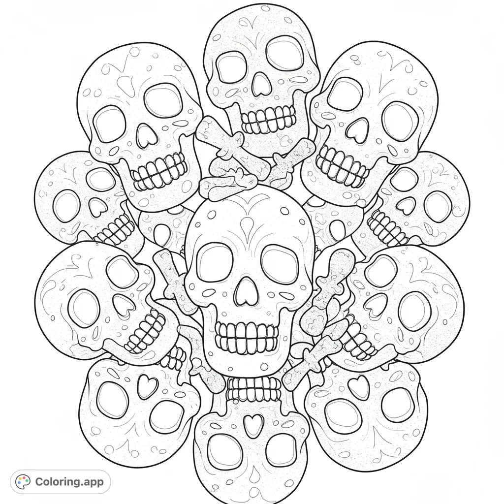 An intricate sugar skull coloring page featuring a vibrant circular mandala of decorated skulls and crossbones, perfect for festive creativity.