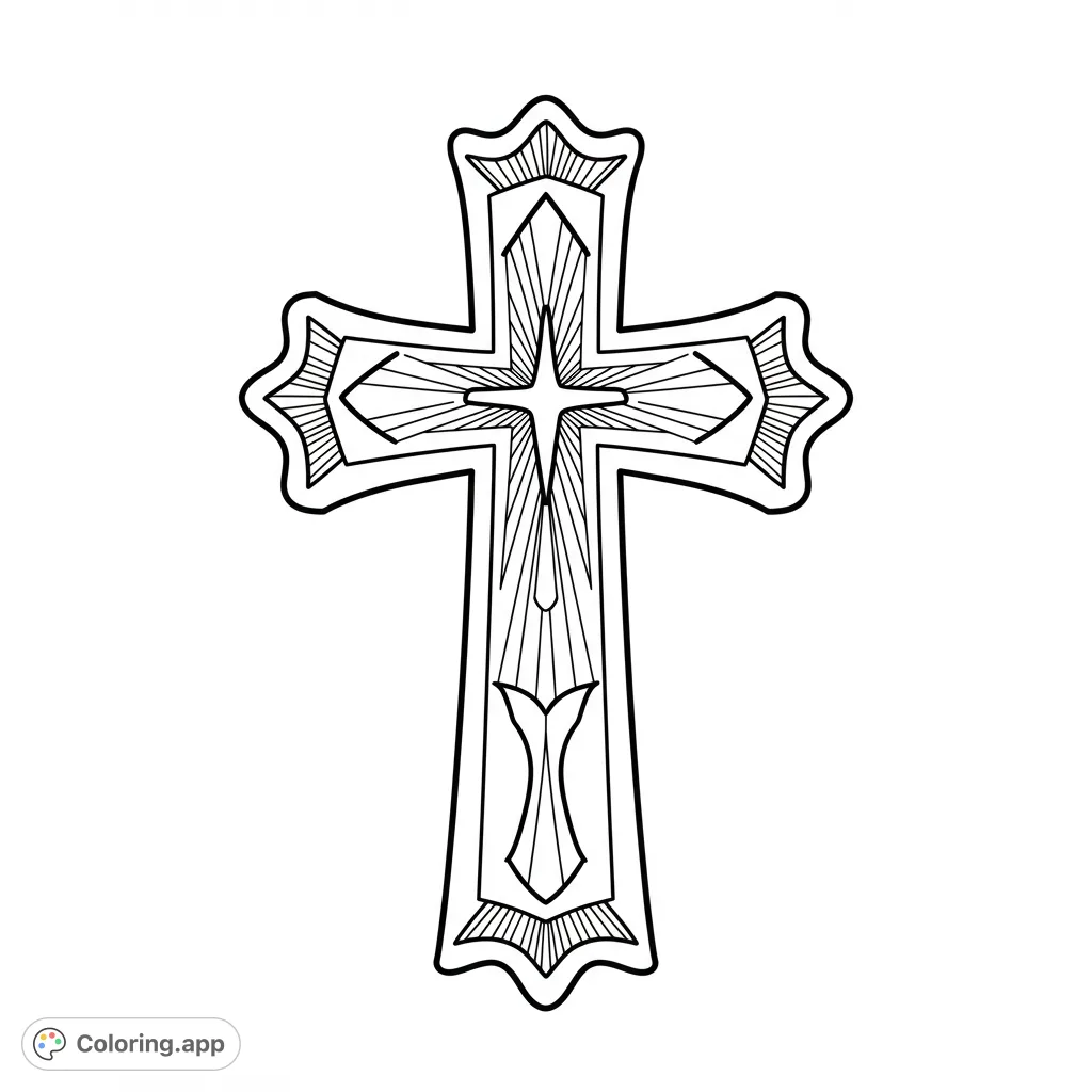 A beautiful ornate Christian cross coloring page, featuring intricate radiating lines and decorative patterns, perfect for spiritual reflection and creative expression.