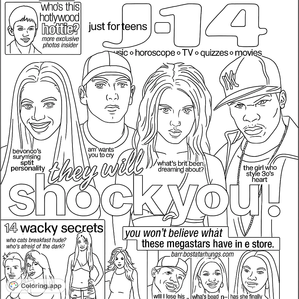 A dynamic pop culture coloring page featuring celebrity-like figures in a bold magazine cover layout, perfect for fans of music and fashion.