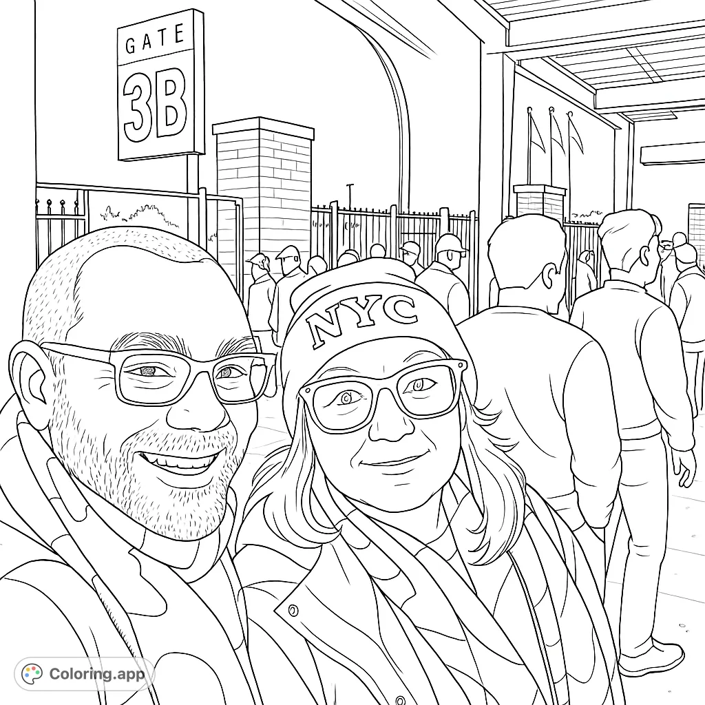 Capture the excitement of a stadium visit with this free printable stadium selfie coloring page featuring two smiling fans and a bustling crowd.