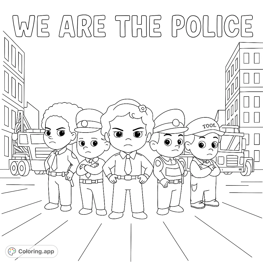 Adorable chibi police officers stand ready in a city scene. This free printable police coloring page is perfect for kids and adults.