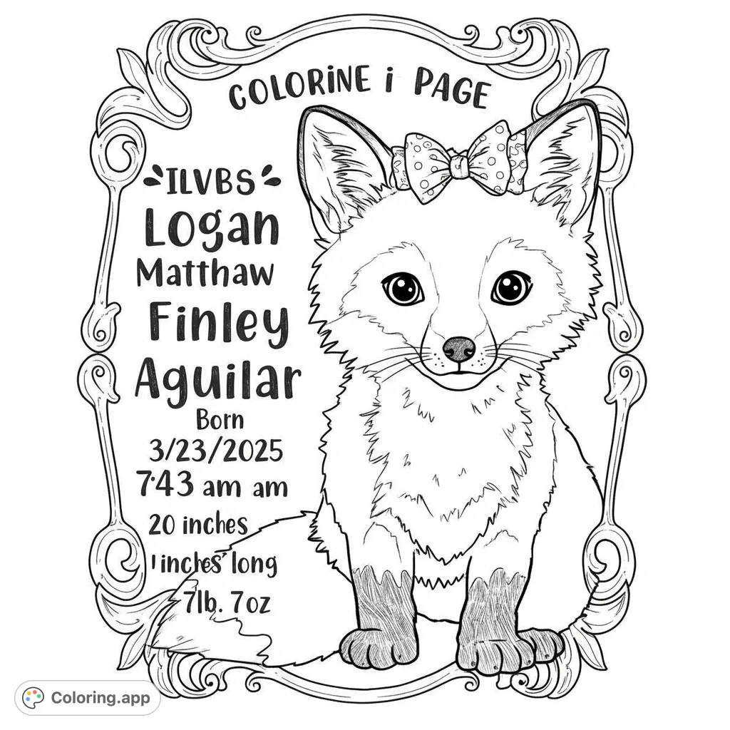 A charming baby fox with a bow, nestled within an ornate, decorative frame. A delightful free printable animal coloring page for all ages.
