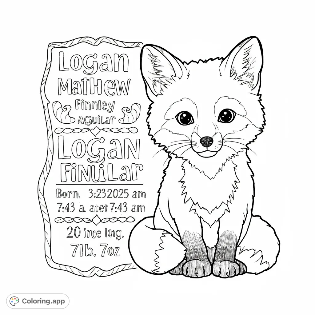 An adorable baby fox sits beside a decorative blank plaque, perfect for personalizing. A charming free printable fox coloring page.