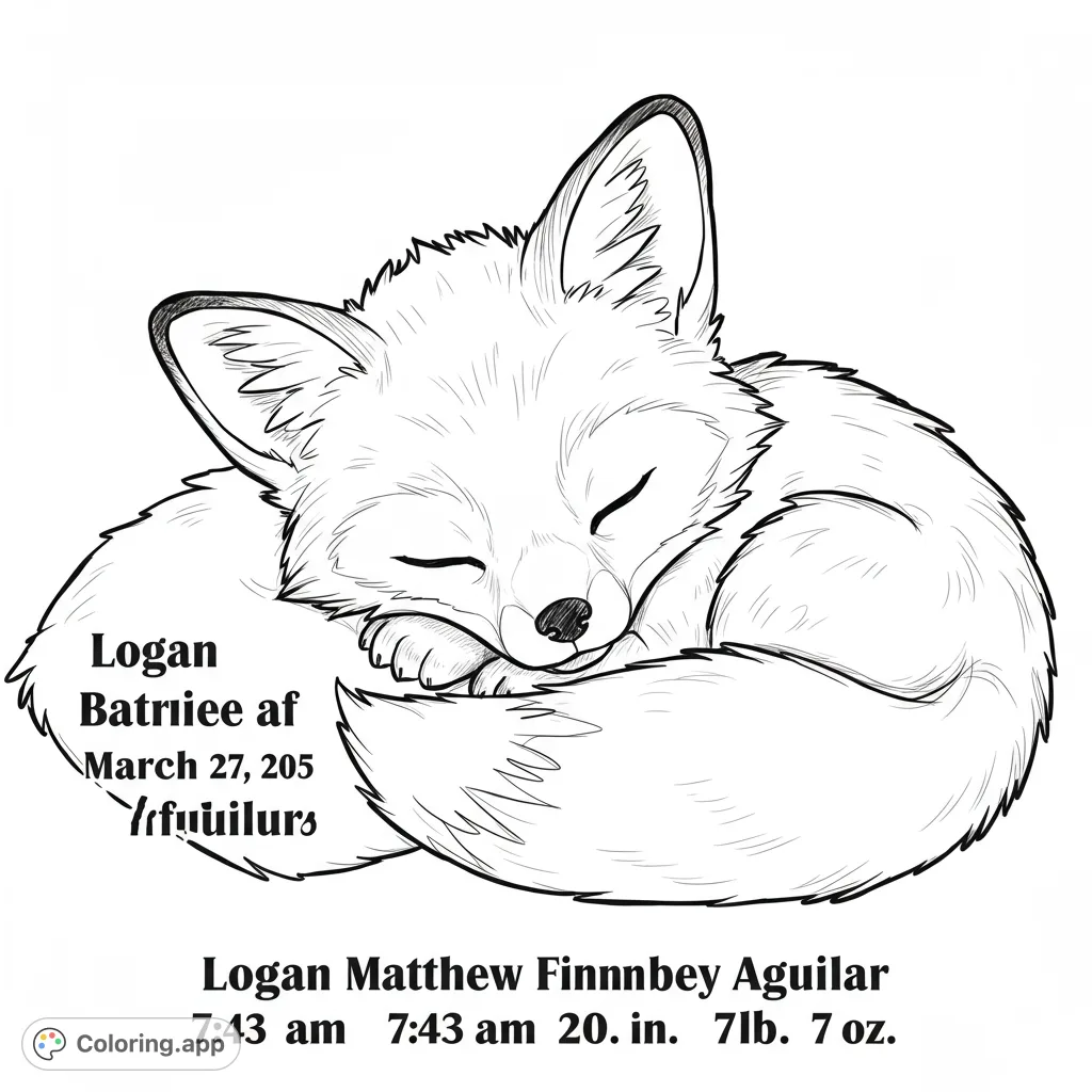 A charming sleeping fox curled up, perfect for a relaxing coloring experience. This free printable fox coloring page is ideal for kids and adults.