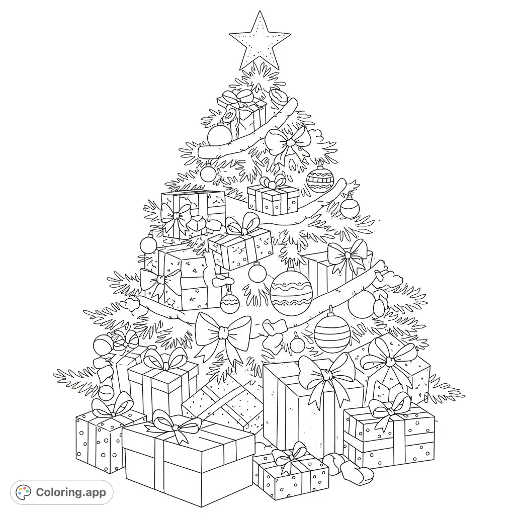 A festive Christmas tree adorned with ornaments, bows, and garlands, surrounded by beautifully wrapped presents. Perfect for holiday cheer.