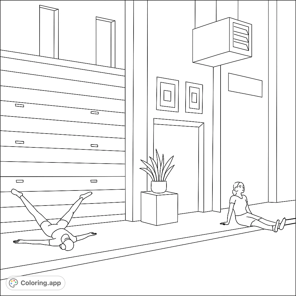 Explore an urban relaxation scene featuring two figures in a modern lobby, perfect for a free printable coloring page. Unwind and add your vibrant touch!